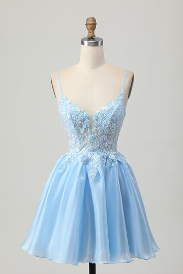 Blue A Line Sequins Corset Cut Out Short Homecoming Dress with Appliques